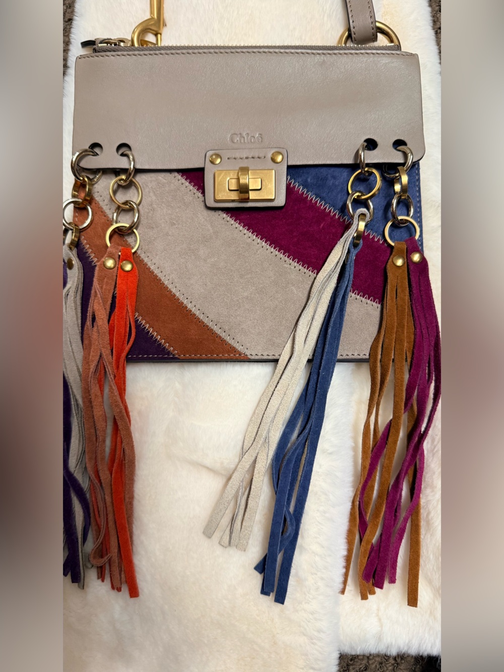Chloé 'Small Jane Suede Fringe Patchwork Leather Crossbody Bag Bohemian Purse